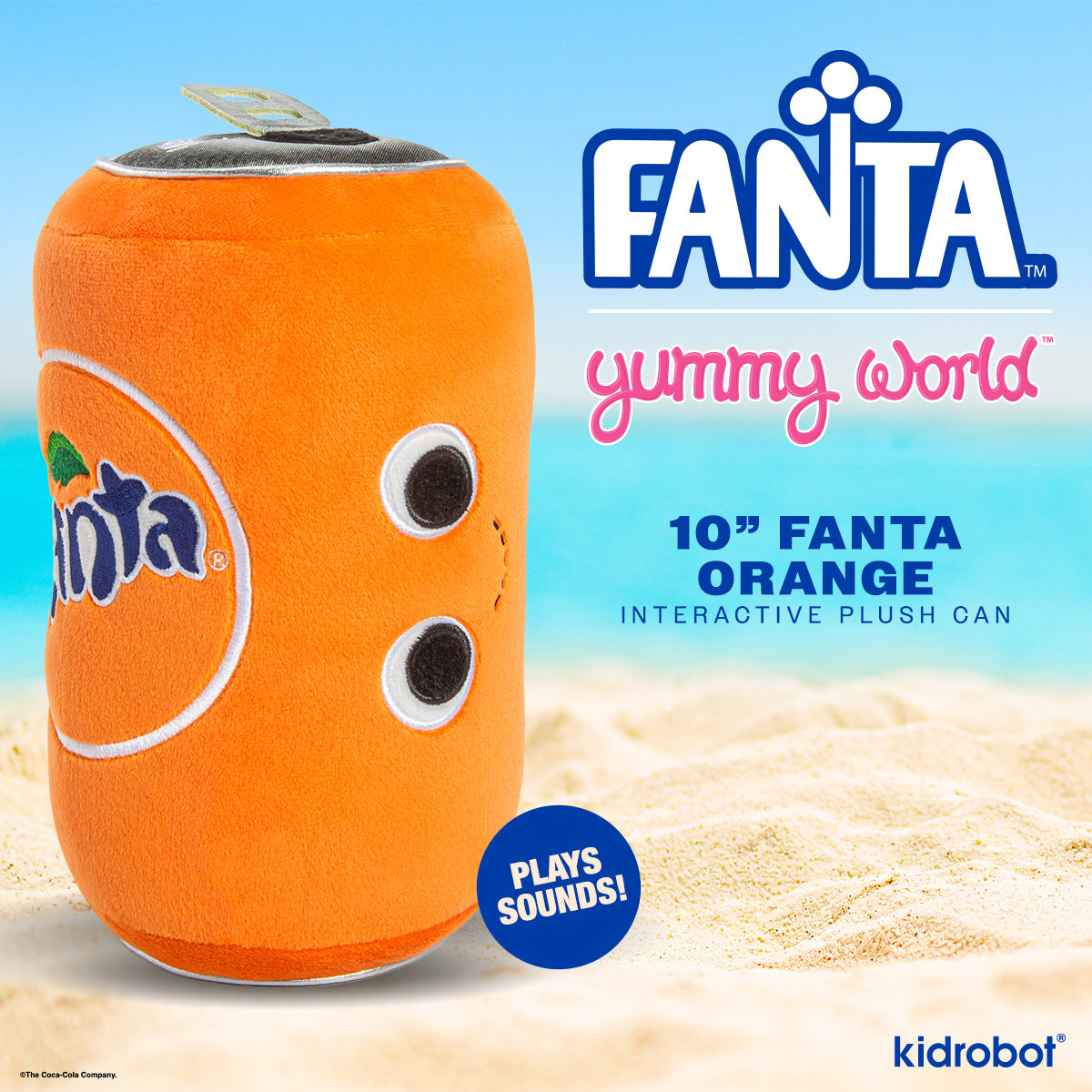Coca-Cola Yummy World Fanta Orange Soda Can plush with sound, soft toy replica of a Fanta soda can, 10 inches tall.